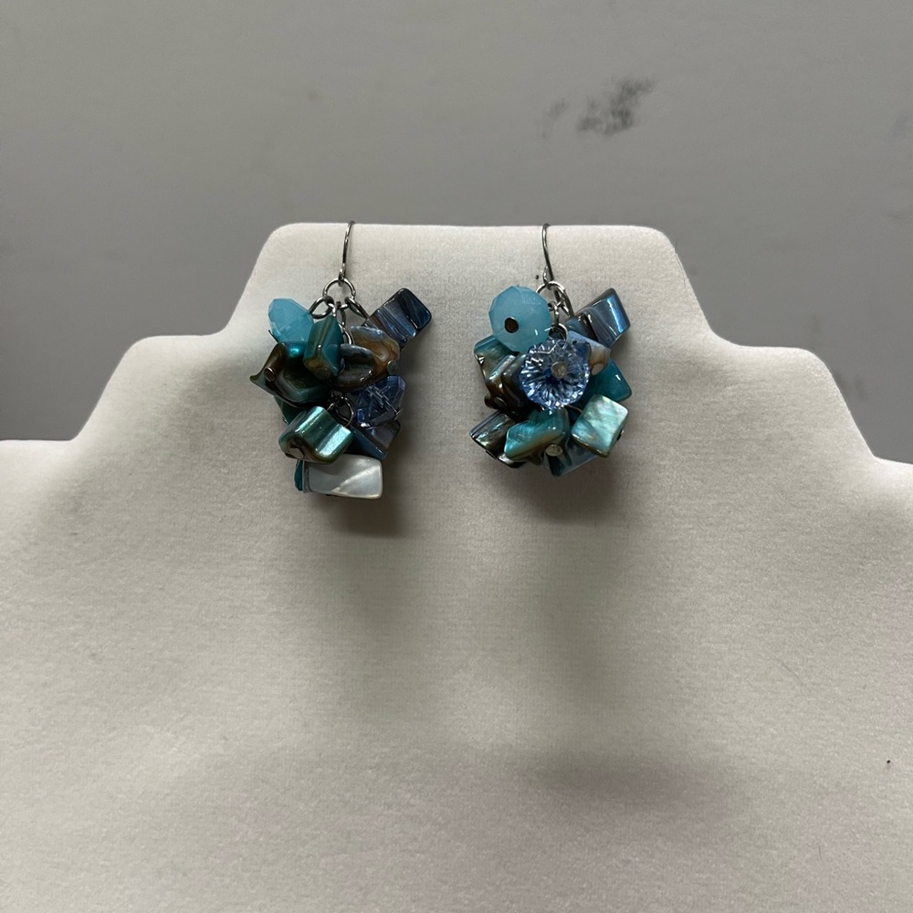 Blue Cluster Earrings- Glass & Shell Beaded